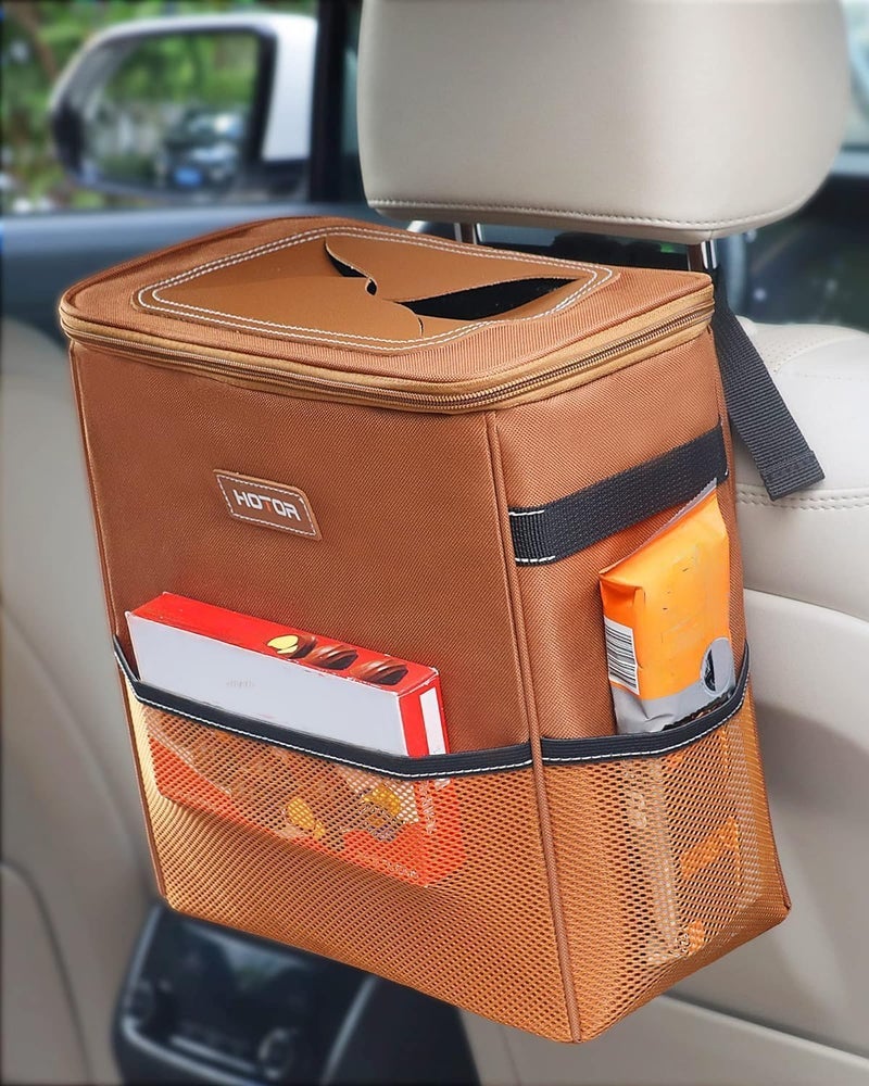 HOTOR Brown Car Trash Can with Adjustable Strap, Magnetic Snaps, Waterproof Lining, and Storage Pocket - Image 1